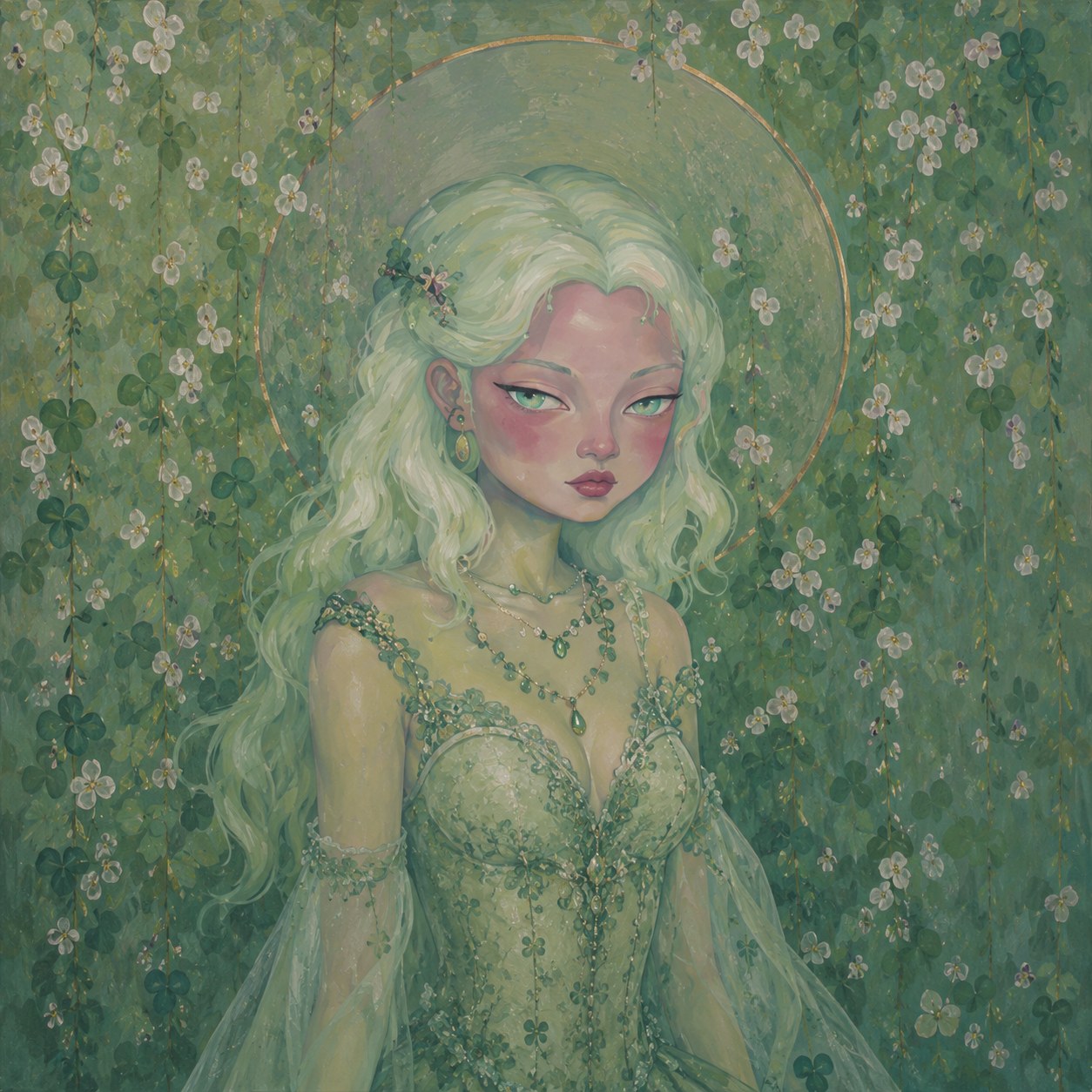 Detail from a painting by Peaches Venus, figure with pale green hair among clover blossoms