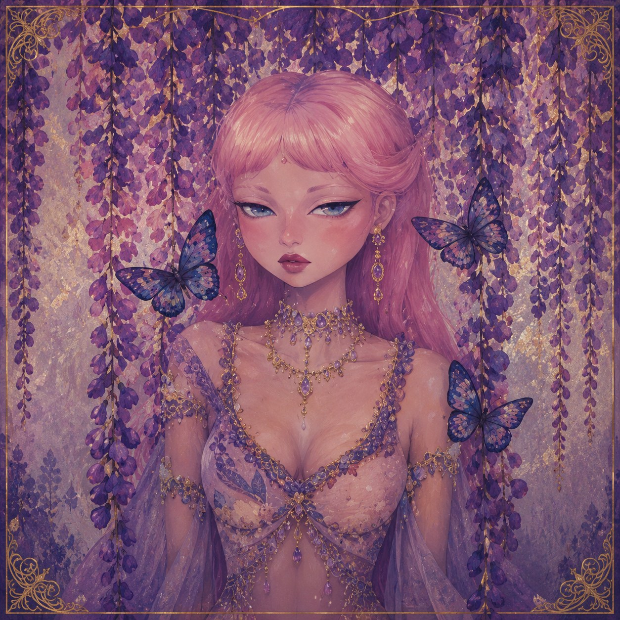 Detail from a painting by Peaches Venus, figure among violet blossoms