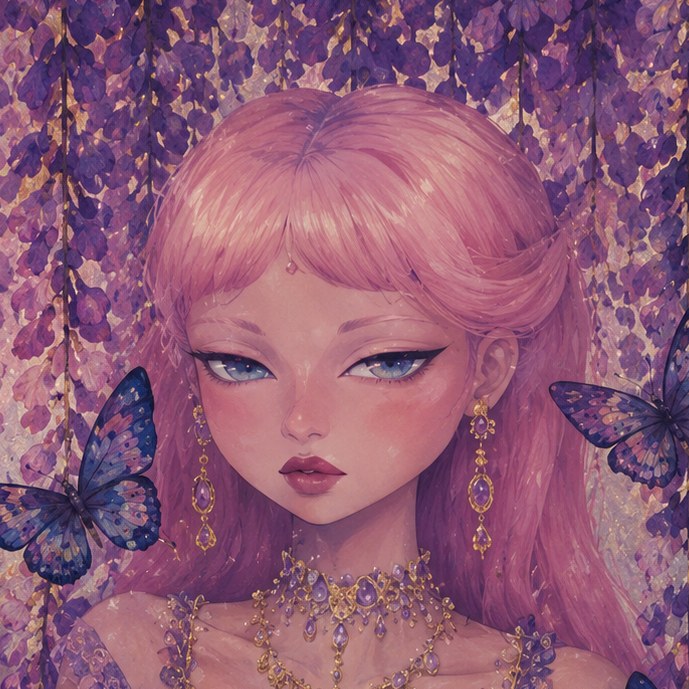 Amethyst Girl, detail of jeweled necklace and butterflies