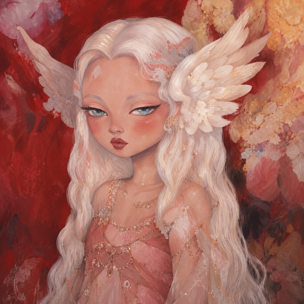 Angel Girl, white-winged figure against red and gold blossoms