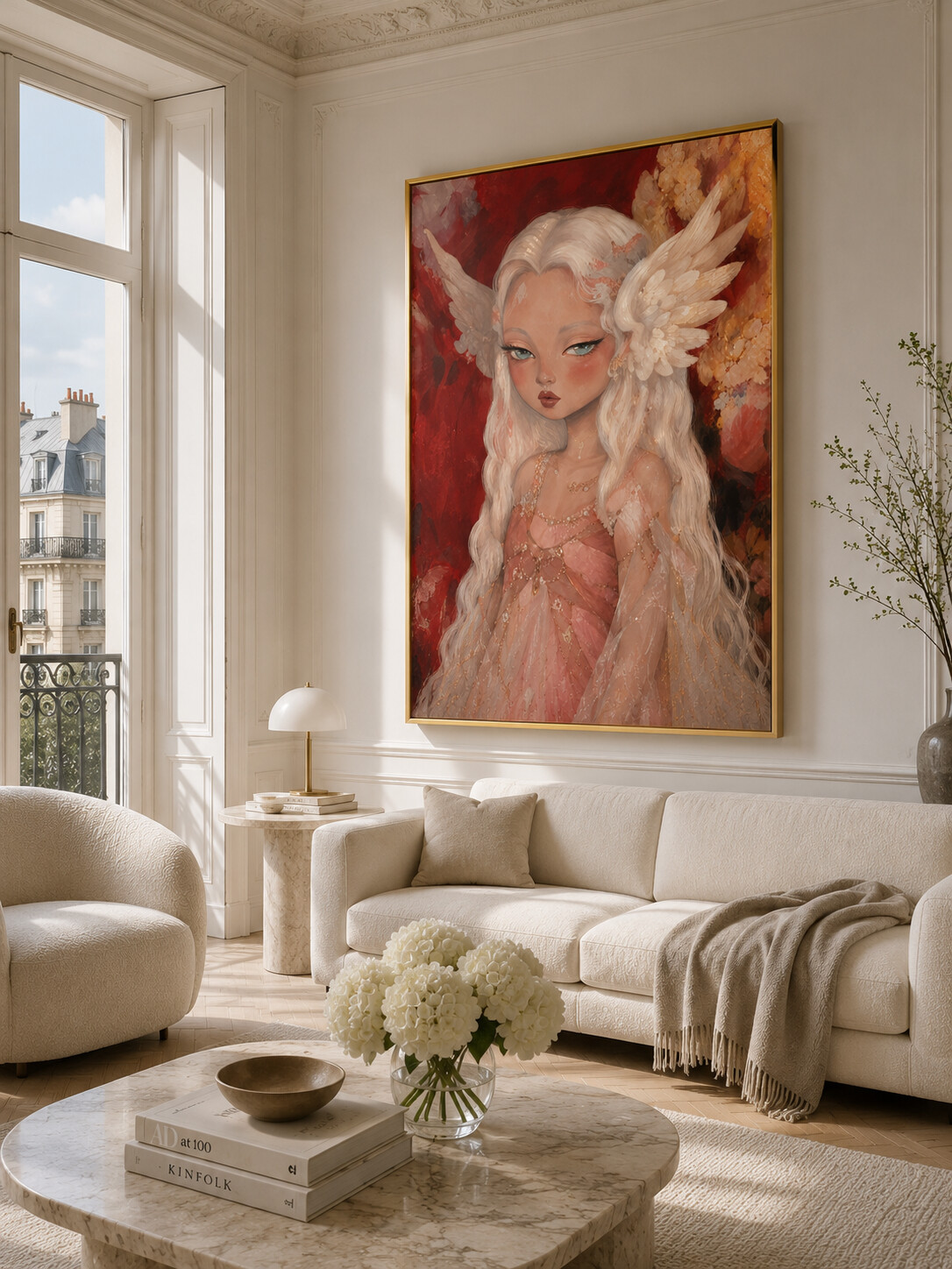 Angel Girl, framed in champagne gold floating frame, shown in a sunlit living room