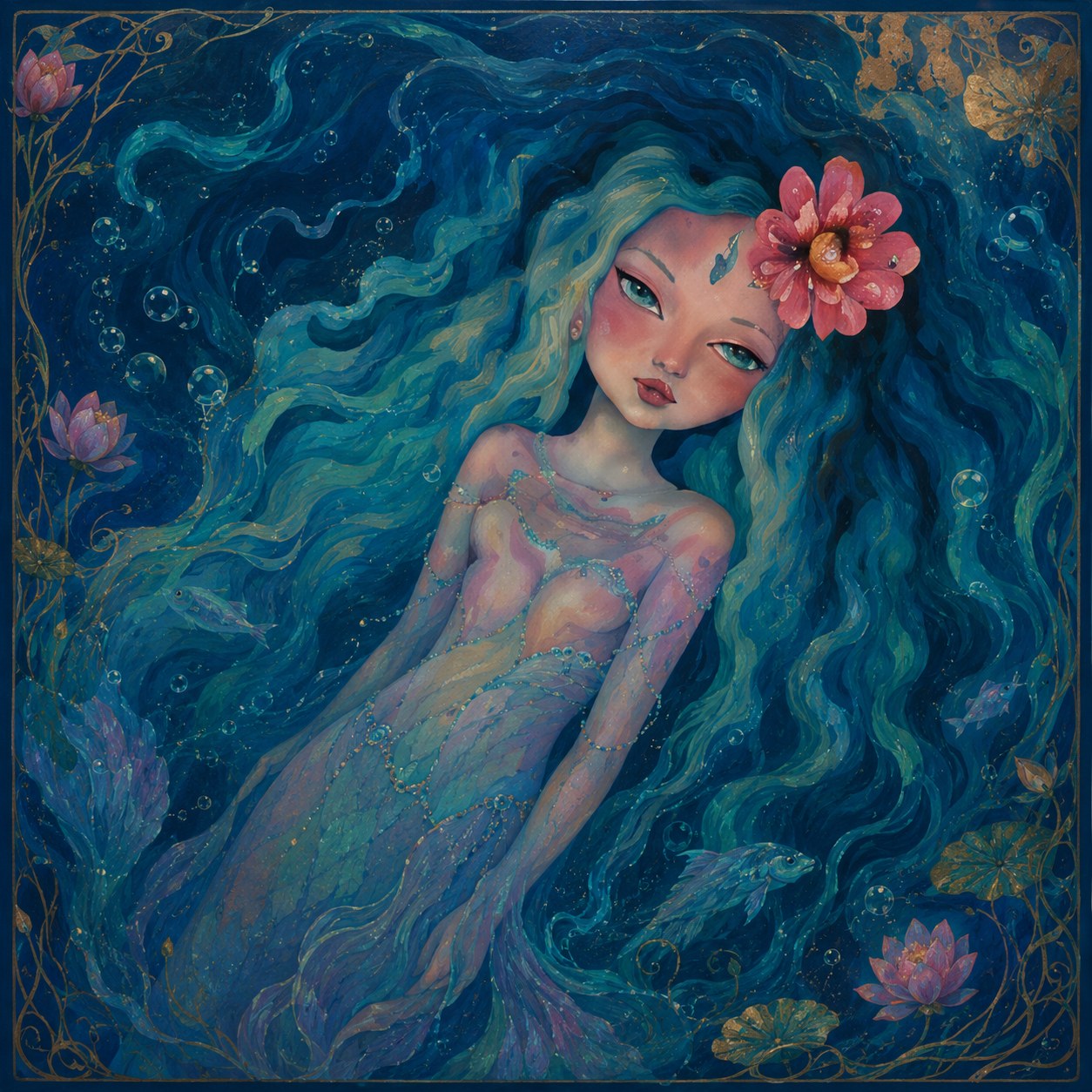 Aqua Girl, figure with teal hair among lotus blossoms