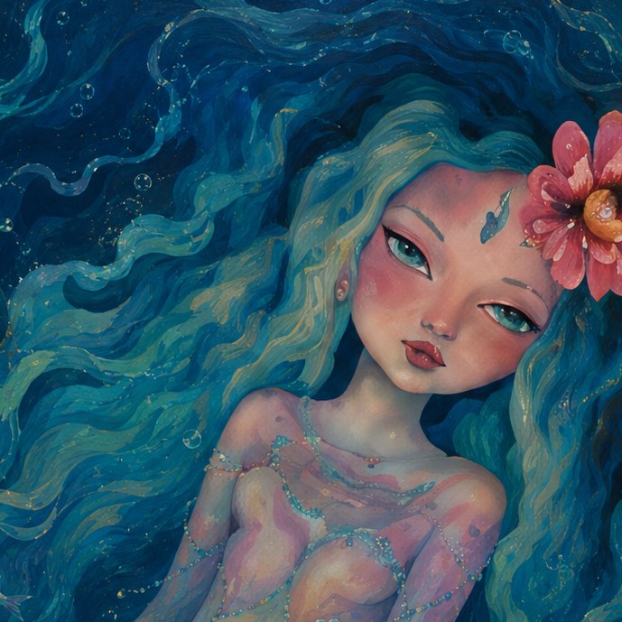 Aqua Girl, detail of face and flower