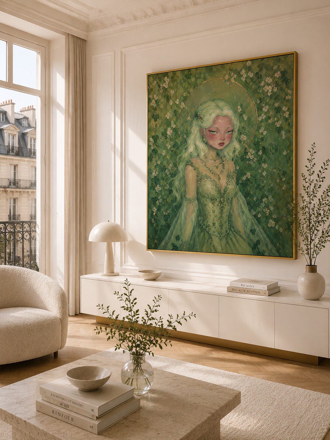 Moon Girl, framed in silver floating frame, shown in a sunlit living room