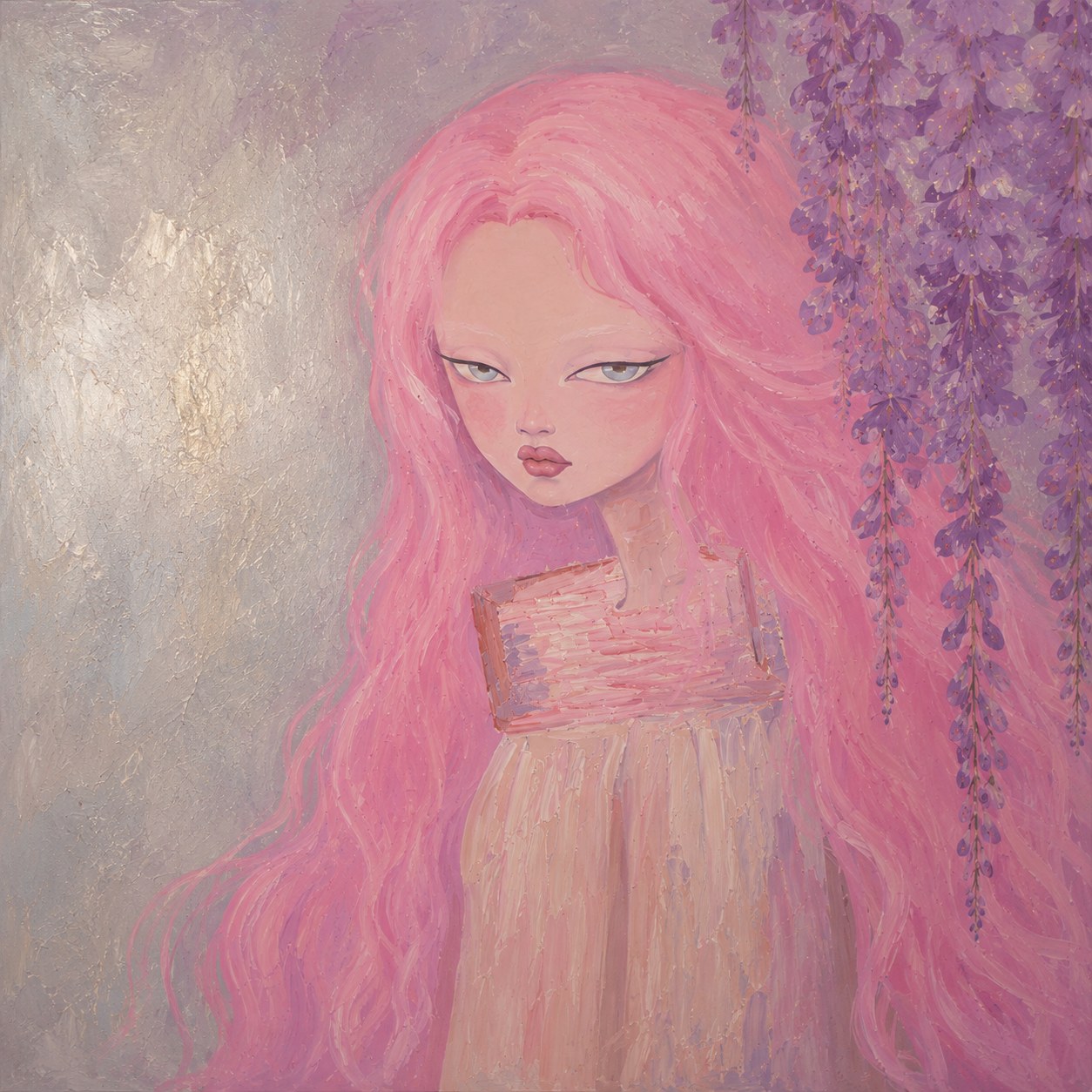 Wisteria Girl, figure beneath hanging wisteria blossoms