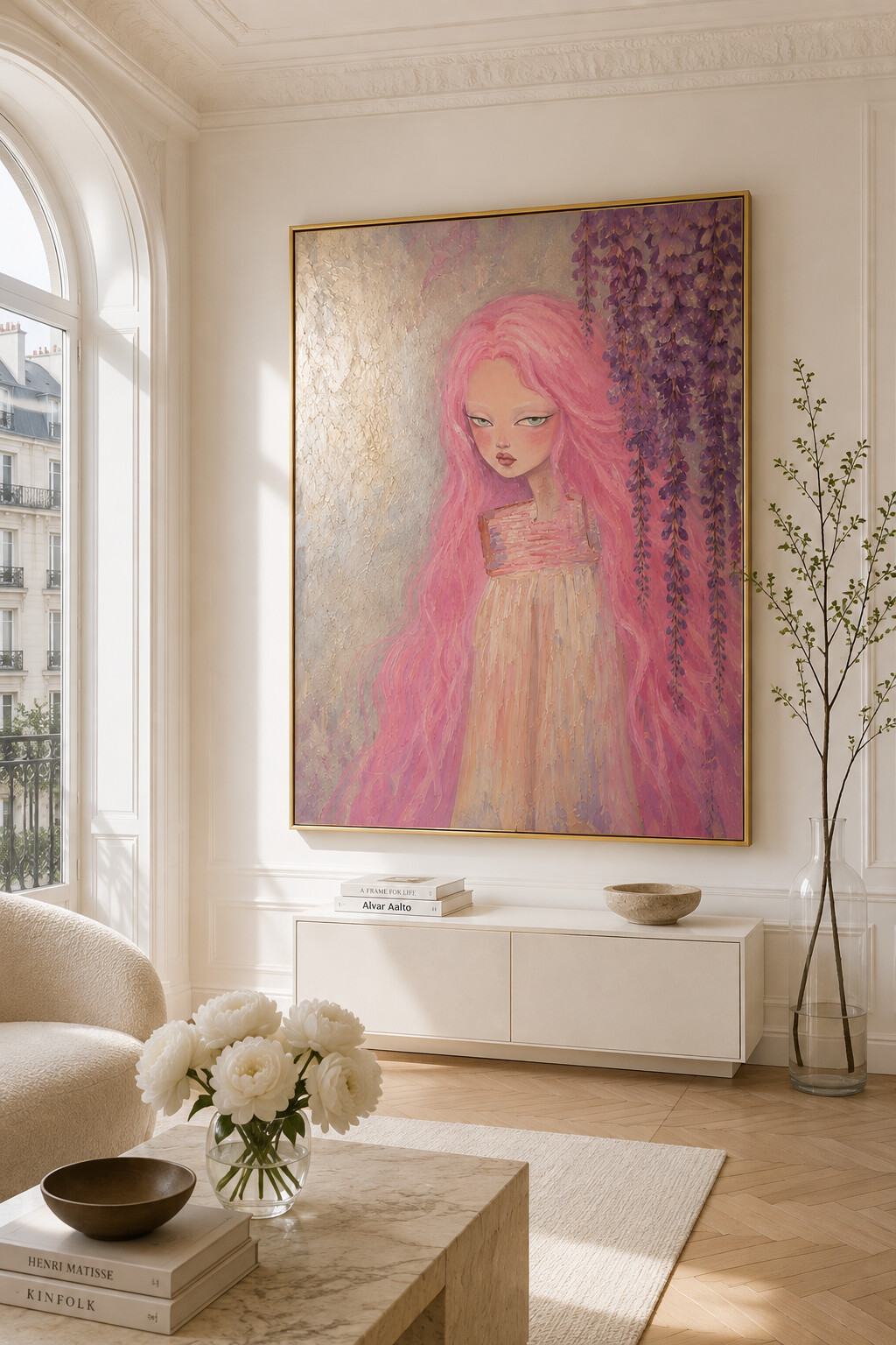 Wisteria Girl, framed in champagne gold floating frame, shown in a sunlit living room