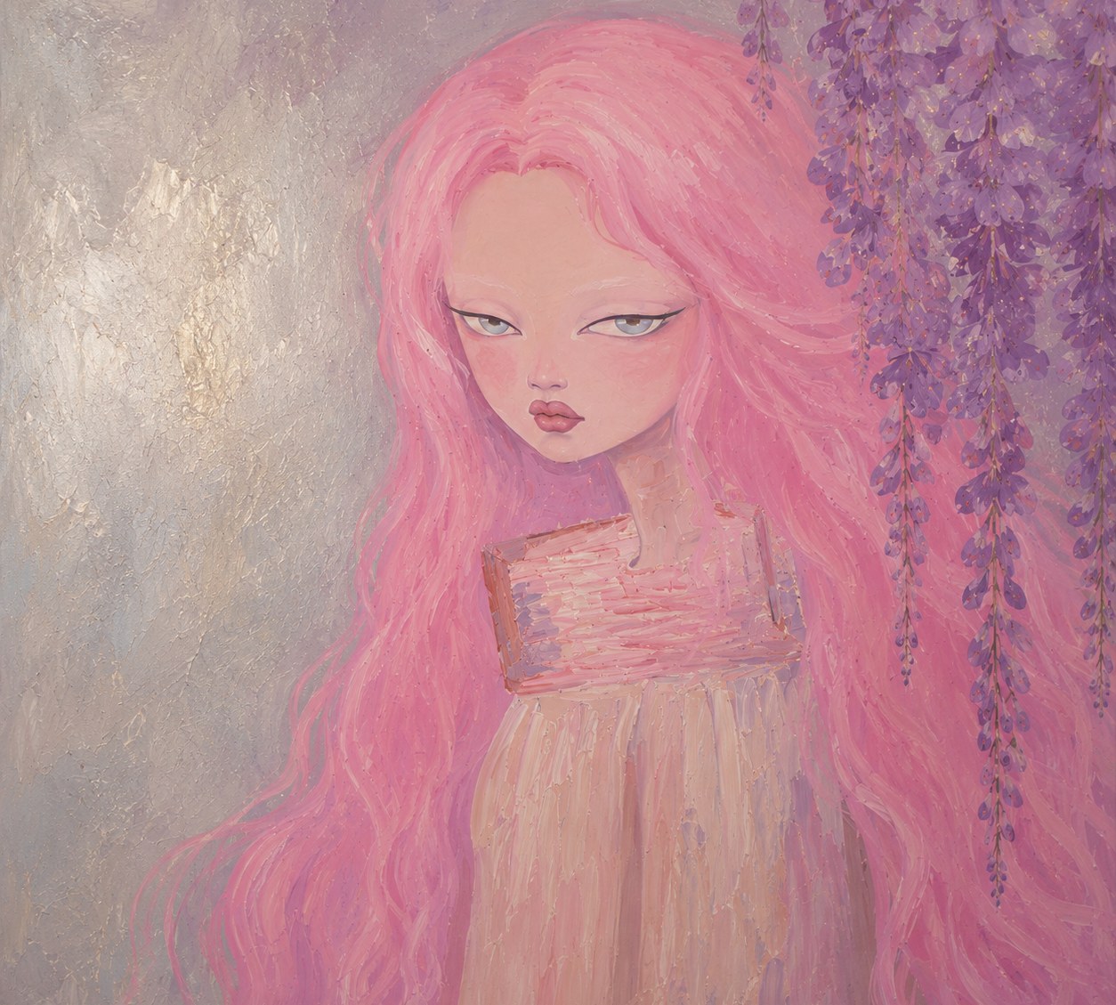 Featured painting by Peaches Venus, a figure with pink hair beneath hanging wisteria blossoms